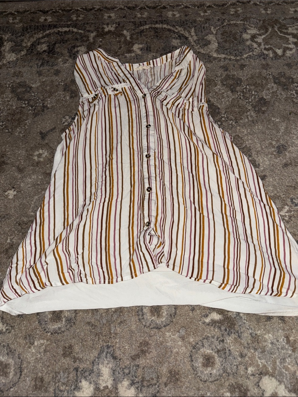 Sleeveless Stripe Button-Front Top in White with Mustard & Mauve Stripes